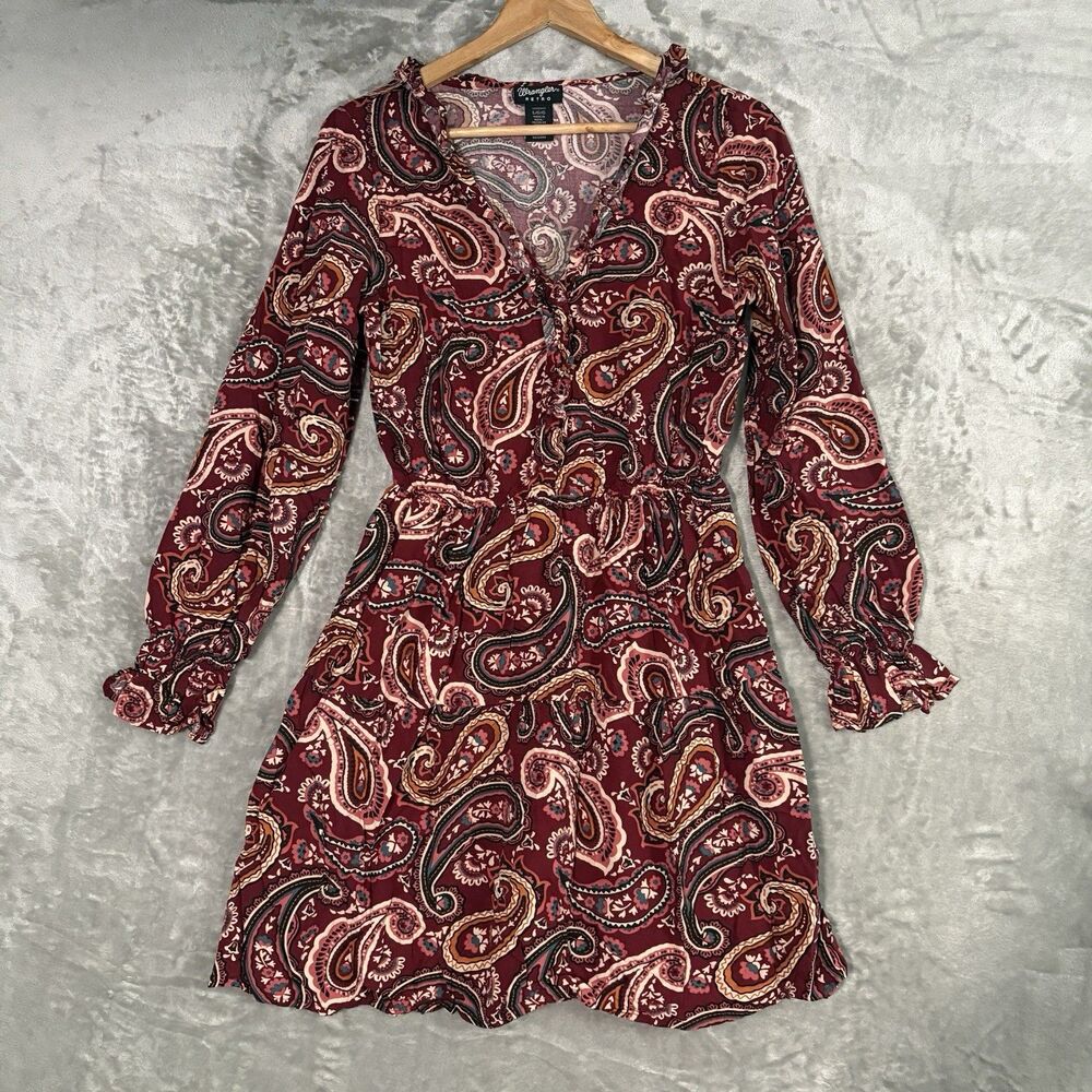 Wrangler Retro Dress L Maroon Paisley Rayon Long Sleeve Tiered Western Boho